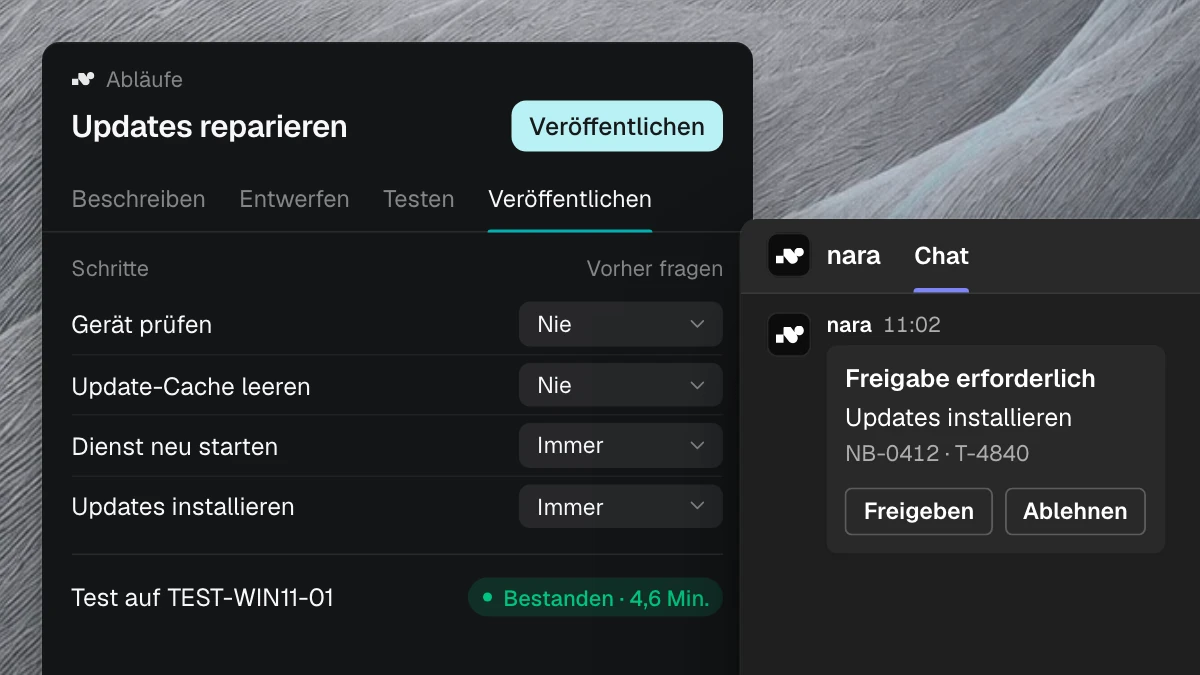 Produktansicht: Der Ablauf „Updates reparieren“ vor dem Veröffentlichen. Für jeden Schritt ist festgelegt, ob nara vorher fragt, der Test auf dem Testgerät ist bestanden. In Microsoft Teams wartet eine Freigabe, um auf NB-0412 Windows-Updates zu installieren.