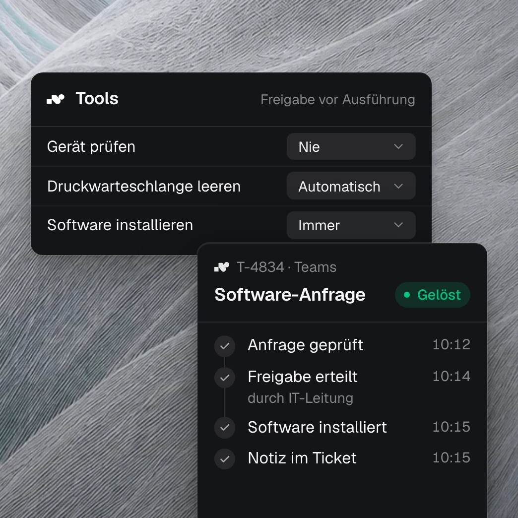 Produktansicht: Für jedes Tool ist festgelegt, ob es vor der Ausführung eine Freigabe braucht. Vorn ein gelöstes Ticket, in dem die Freigabe der IT-Leitung protokolliert ist.