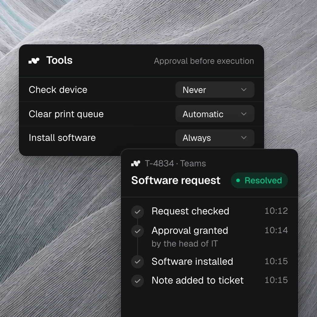 Product view: each tool has a setting for whether it needs approval before it runs. In front, a resolved ticket that records the approval by the head of IT.