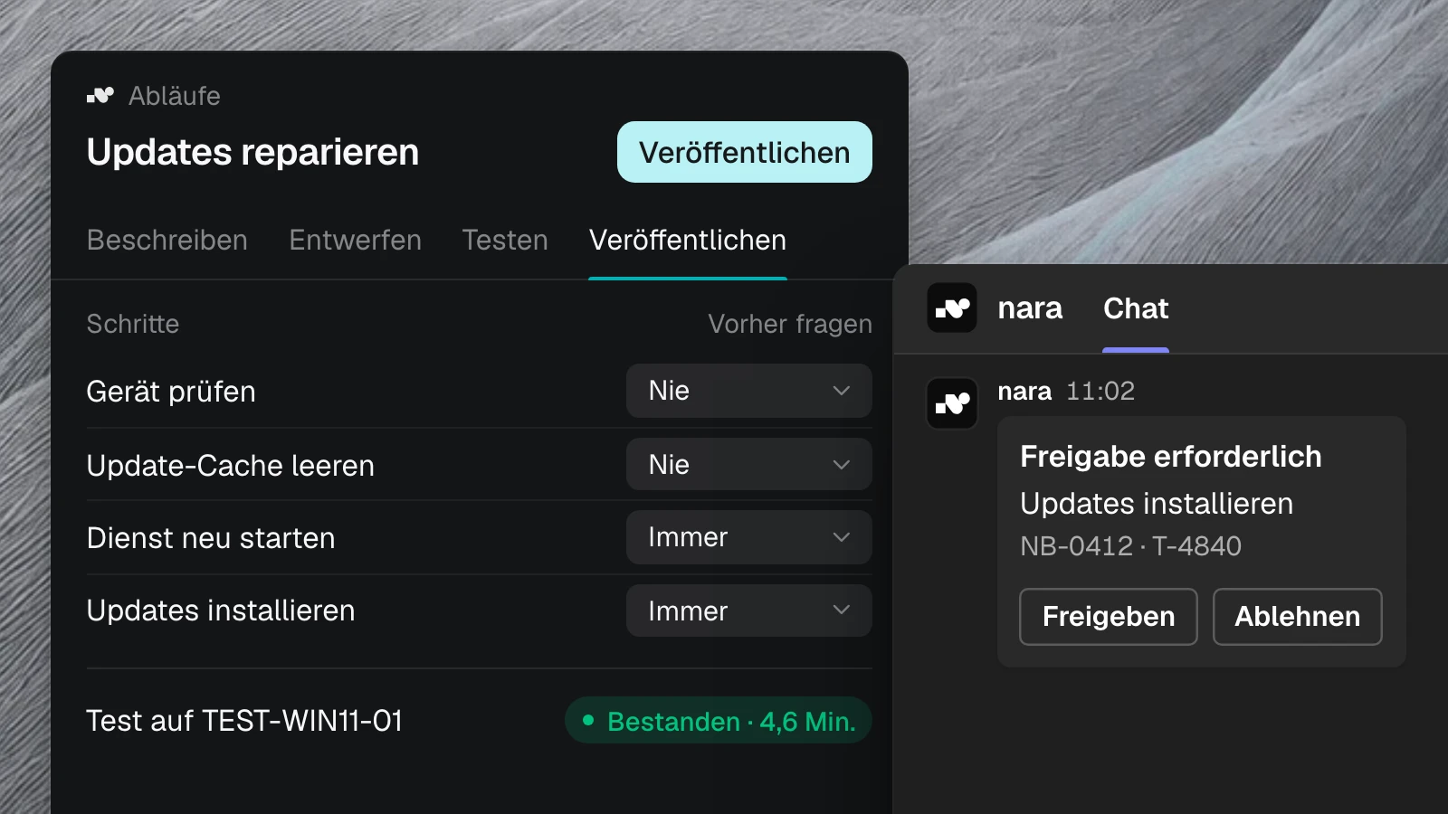 Produktansicht: Der Ablauf „Updates reparieren“ vor dem Veröffentlichen. Für jeden Schritt ist festgelegt, ob nara vorher fragt, der Test auf dem Testgerät ist bestanden. In Microsoft Teams wartet eine Freigabe, um auf NB-0412 Windows-Updates zu installieren.