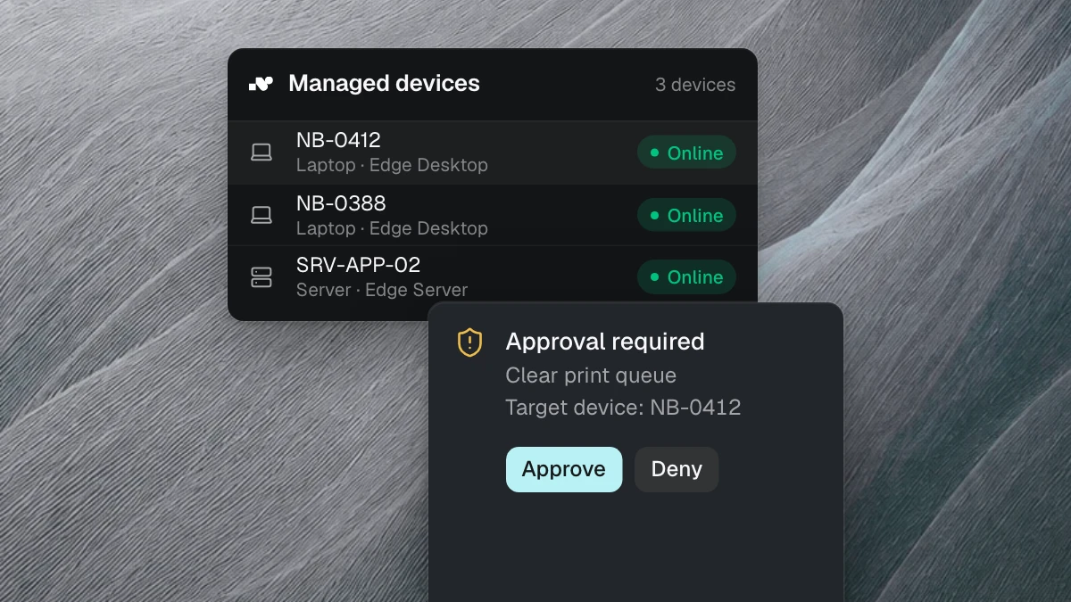Product view: three devices running nara Edge are online. In front, nara asks for approval before it clears the print queue on laptop NB-0412.