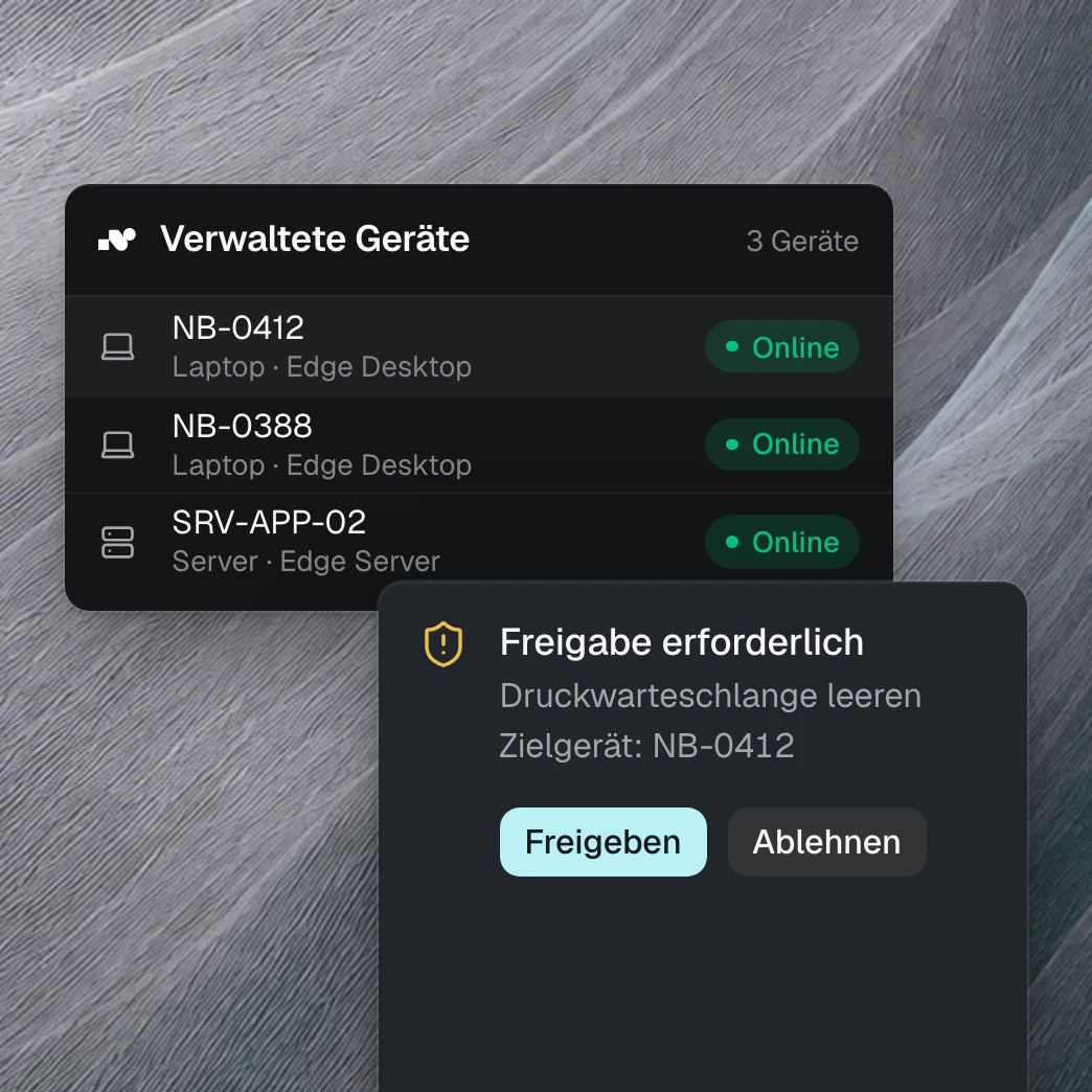 Produktansicht: Drei Geräte mit nara Edge sind online. Vorn fragt nara eine Freigabe an, bevor es auf dem Laptop NB-0412 die Druckwarteschlange leert.