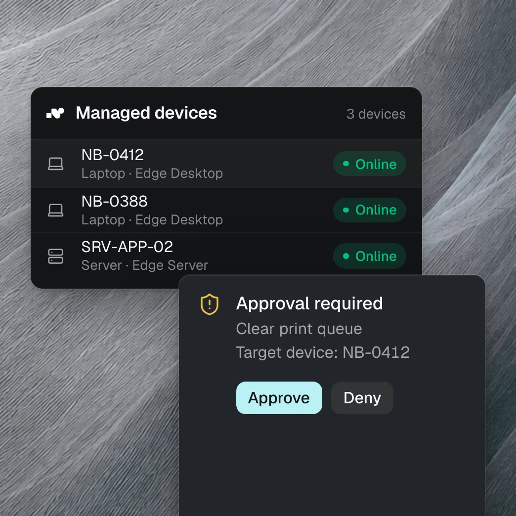 Product view: three devices running nara Edge are online. In front, nara asks for approval before it clears the print queue on laptop NB-0412.
