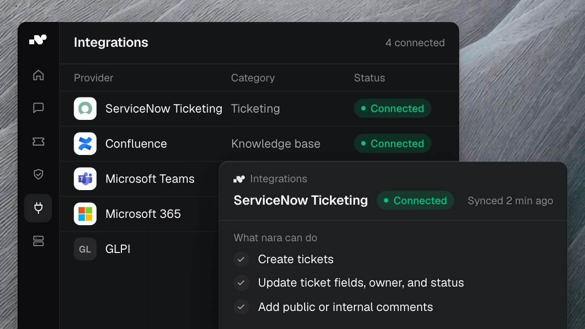 Product view: the integrations in nara, four of them connected. In front, the ServiceNow connection and what nara can do there: create tickets, update fields and status, add comments.