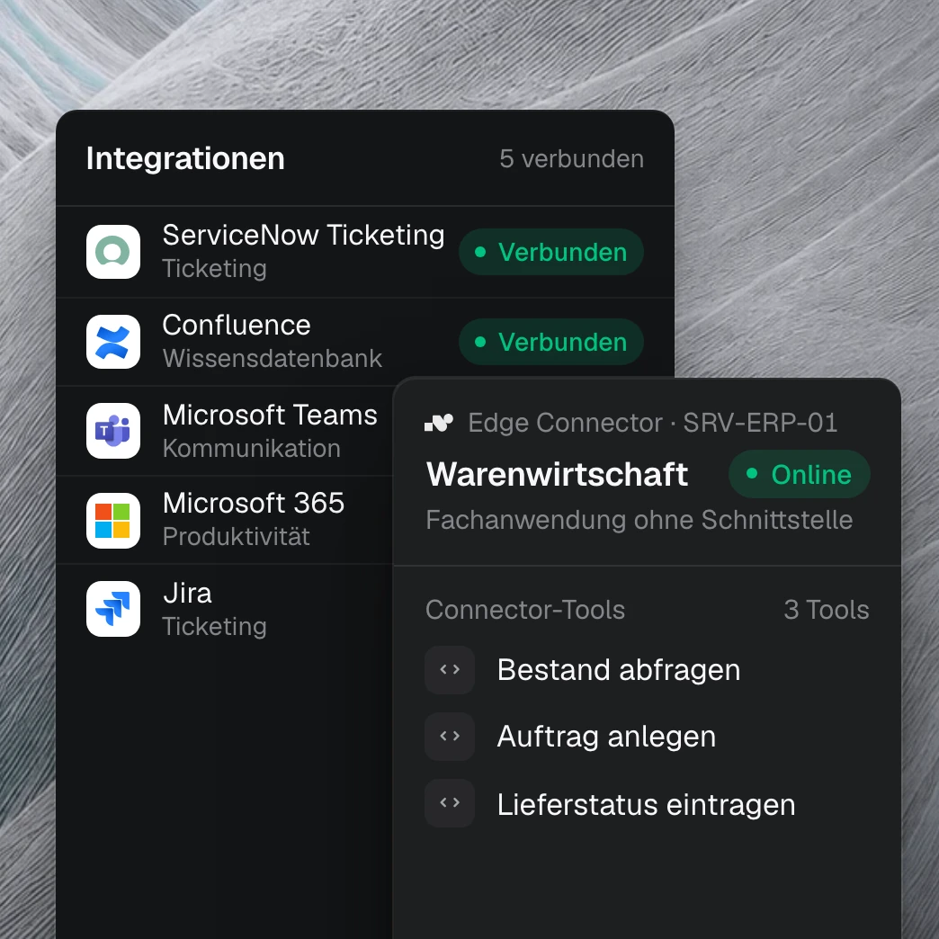 Produktansicht: ServiceNow, Confluence, Microsoft Teams, Microsoft 365 und Jira sind mit nara verbunden. Vorn eine Warenwirtschaft ohne Schnittstelle, die nara über nara Edge mit drei Connector-Tools bedient: Bestand abfragen, Auftrag anlegen, Lieferstatus eintragen.