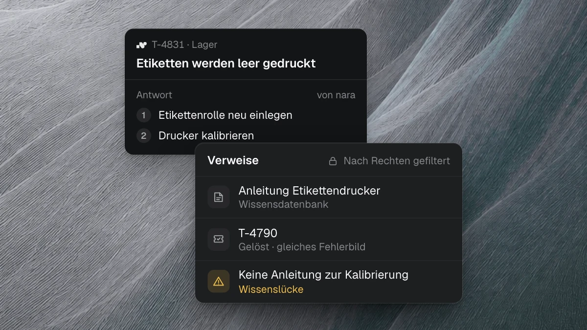 Produktansicht: Zum Ticket „Etiketten werden leer gedruckt“ antwortet nara mit zwei Schritten. Als Verweise dienen eine Anleitung und ein gelöstes Ticket, eine fehlende Anleitung ist als Wissenslücke markiert.
