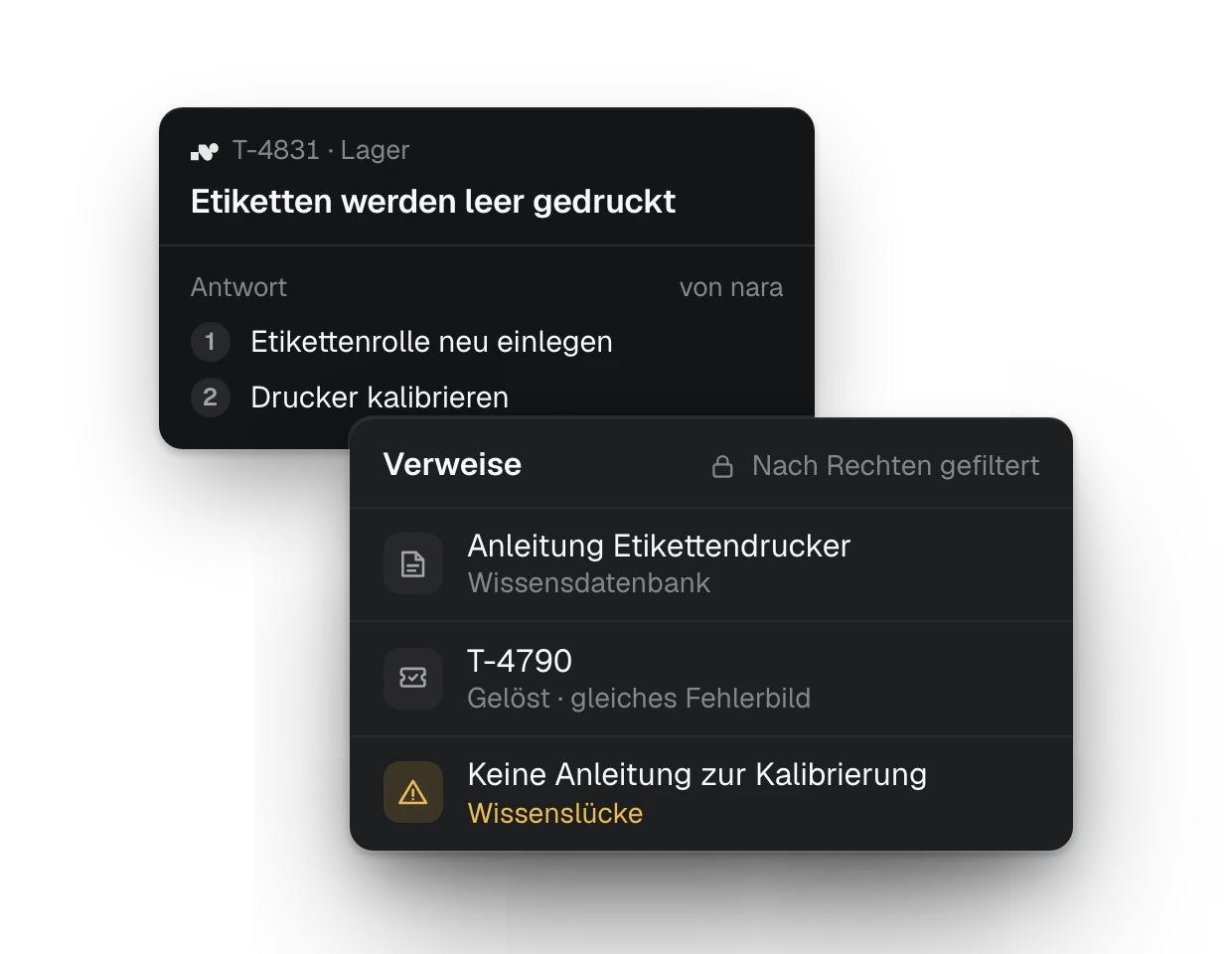 Produktansicht: Zum Ticket „Etiketten werden leer gedruckt“ antwortet nara mit zwei Schritten. Als Verweise dienen eine Anleitung und ein gelöstes Ticket, eine fehlende Anleitung ist als Wissenslücke markiert.