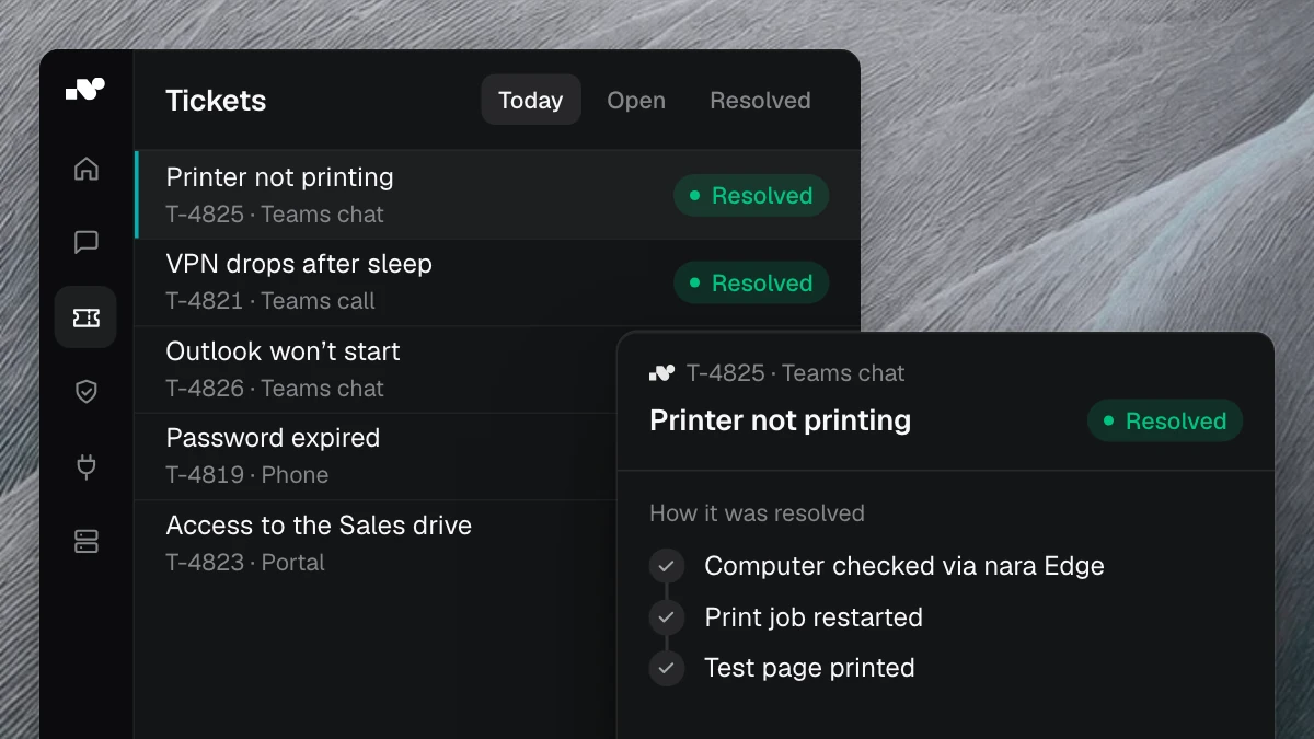 Product view: today’s tickets in nara, most of them resolved. In front, the case “Printer not printing” with the three steps nara took to resolve it.