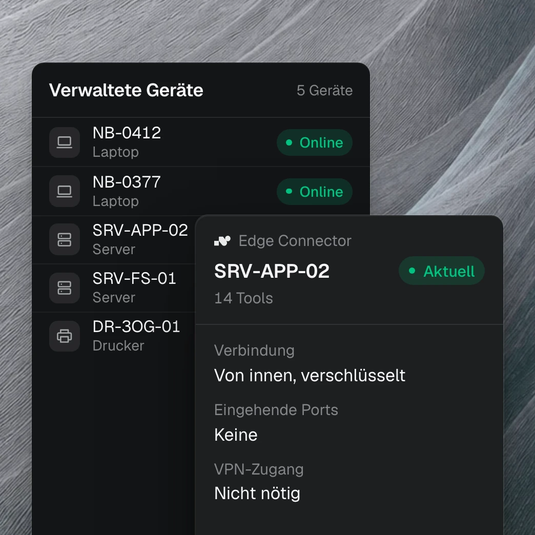Produktansicht: nara Edge auf dem Server SRV-APP-02. Die Verbindung wird von innen aufgebaut und ist verschlüsselt. Eingehende Ports und ein VPN-Zugang sind nicht nötig.