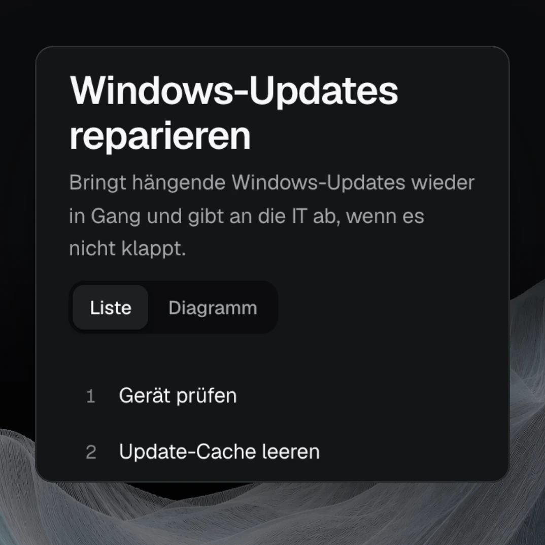 Produktansicht: Der Ablauf „Windows-Updates reparieren“ in nara: Gerät prüfen, Update-Cache leeren, bei hängendem Dienst neu starten, Windows-Updates installieren, Ergebnis prüfen.
