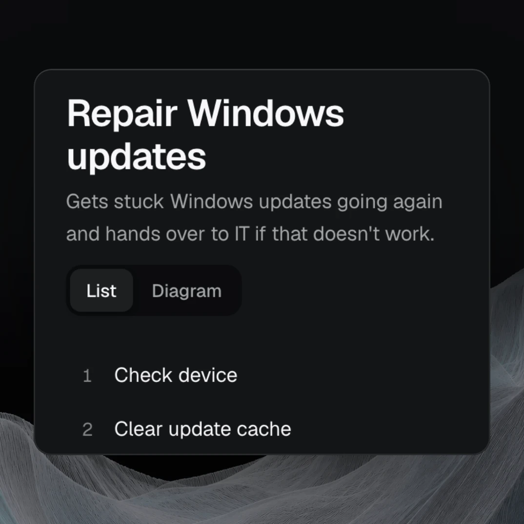 Product view: the flow “Repair Windows updates” in nara: check device, clear update cache, restart the service if it hangs, install Windows updates, check result.