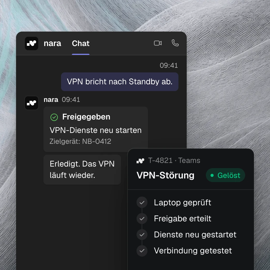 Produktansicht: In Microsoft Teams meldet jemand „VPN bricht nach Standby ab.“ nara startet nach der Freigabe die VPN-Dienste neu. Das Ticket zeigt jeden Schritt und ist gelöst.
